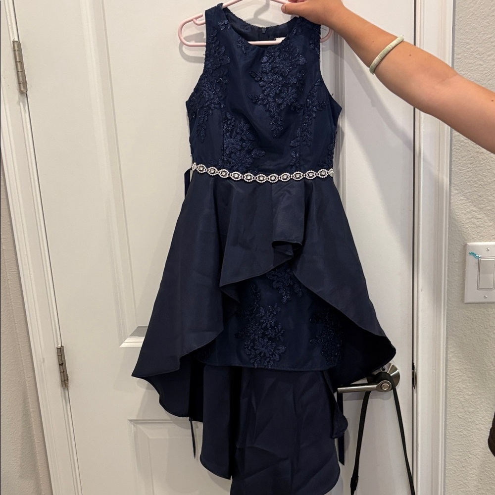 Rare Editions Navy Floral Lace High-Low Dress with Beaded Waist